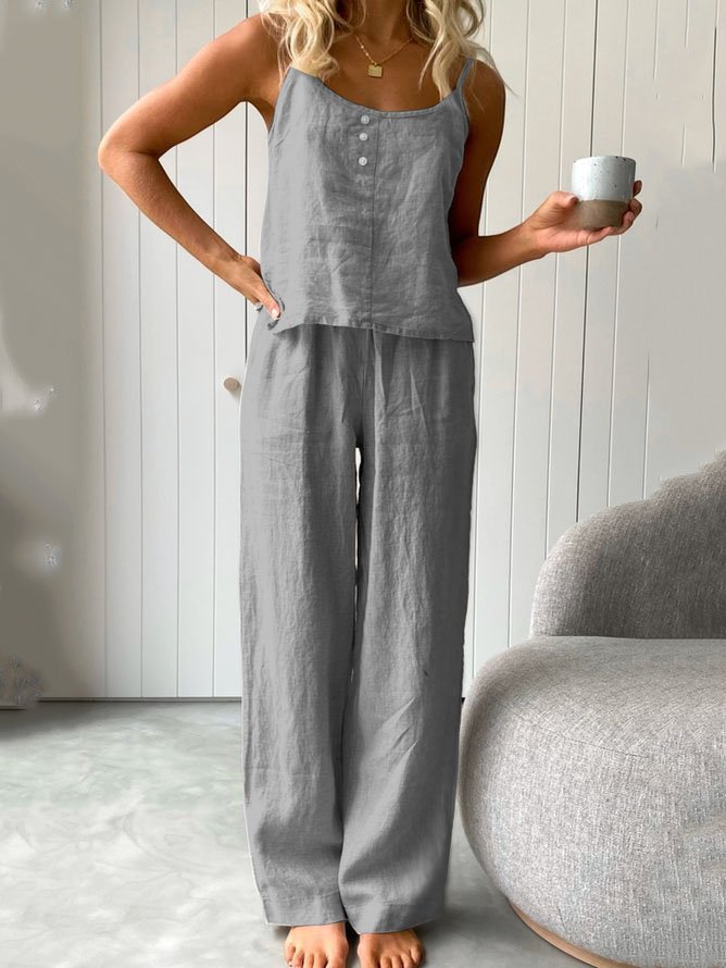Summer Outfits Casual Plain Linen Suits Sleeveless Tank Top and Comfy Pants Two-Piece Sets