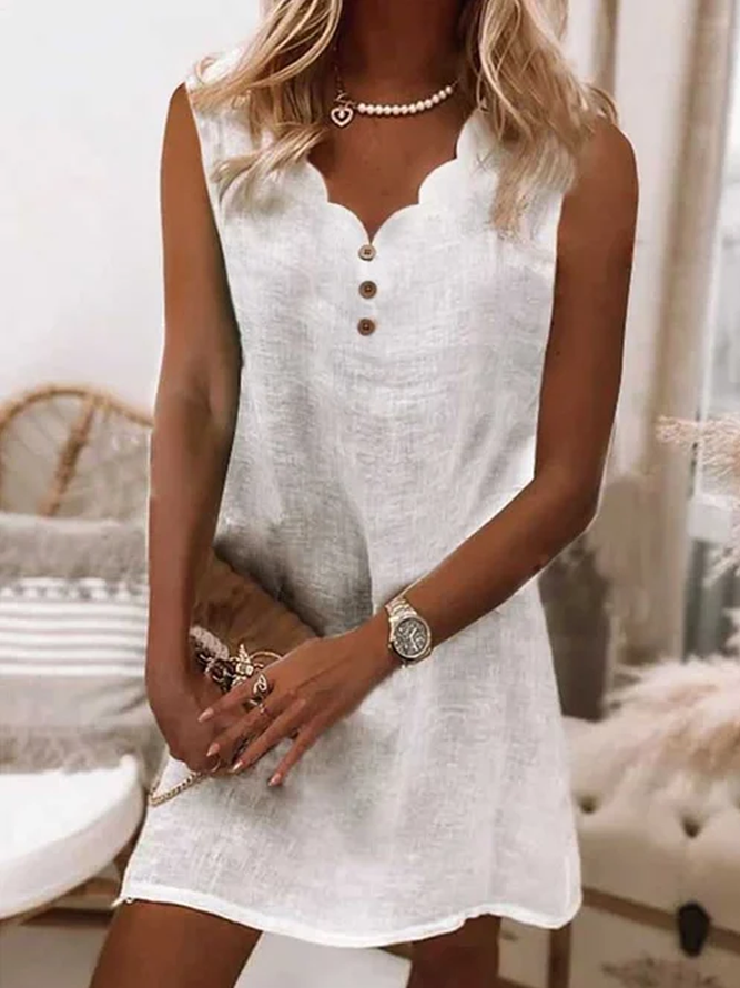 Buttoned Cotton And Linen Linen Plain Dress