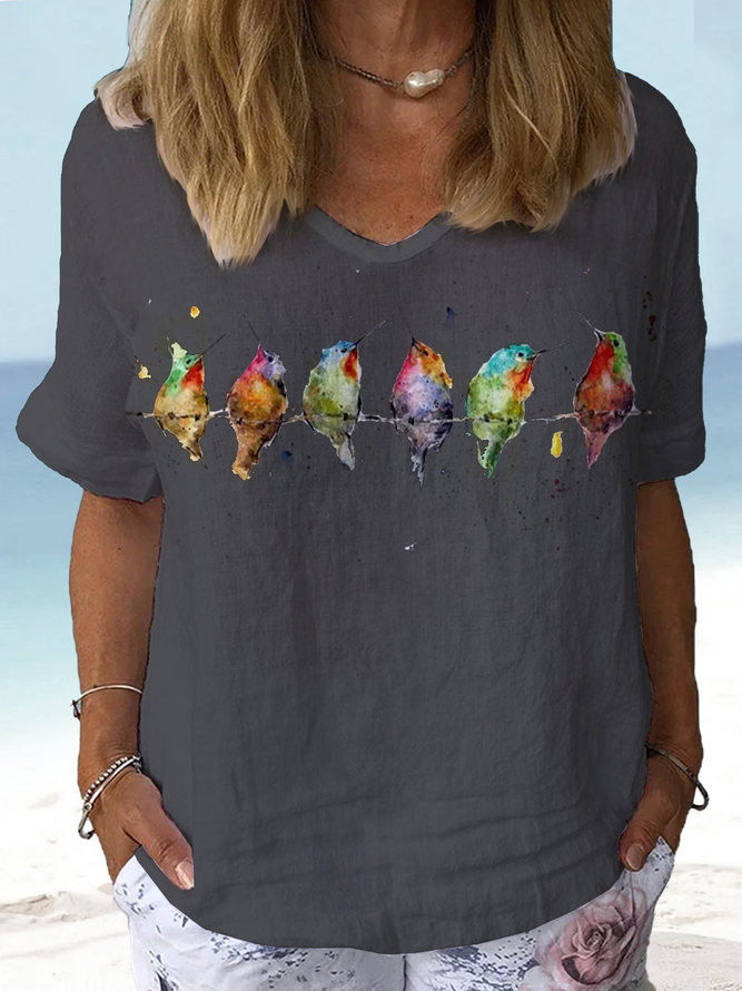 Women Casual Bird Linen Crew Neck Loose Short sleeve Summer T-shirt