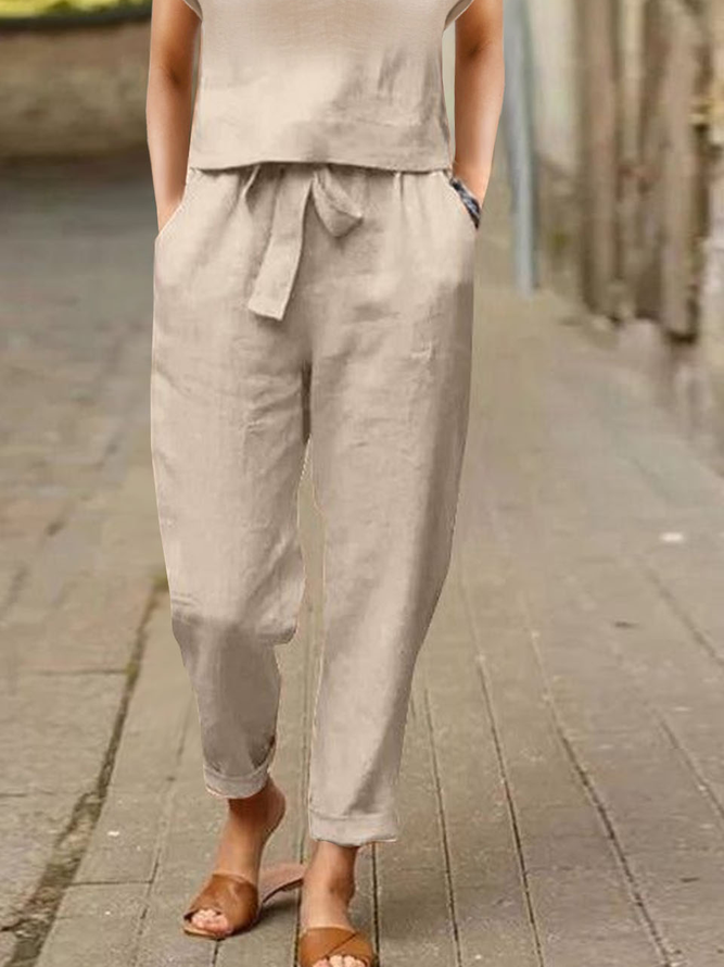 Casual Outfits Plain Suits Hollow Out Lace Short Sleeve T-shirt and Drawstring Waist Pockets Trousers Pants Two-Piece Sets