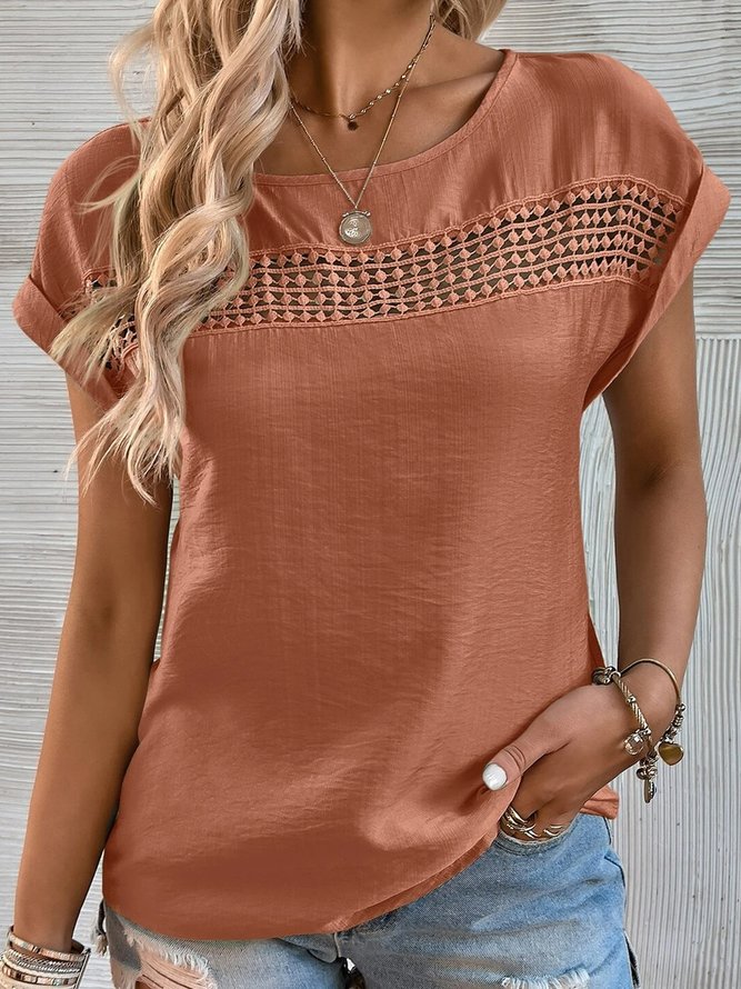 Women Casual Plain Hollow Out Lace Crew Neck Daily Short Sleeve T-shirt