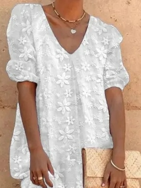 Summer Half Sleeve Floral Lace V Neck Elegant Cotton And Linen White Dress