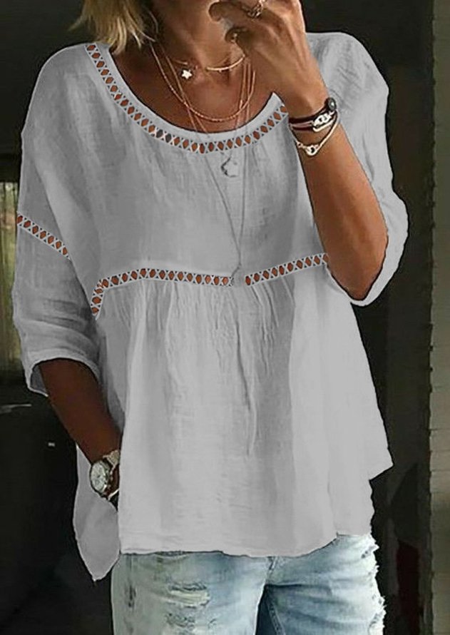Women Crew Neck Hollow Out Casual Three Quarter Sleeve White Linen Tunic Top