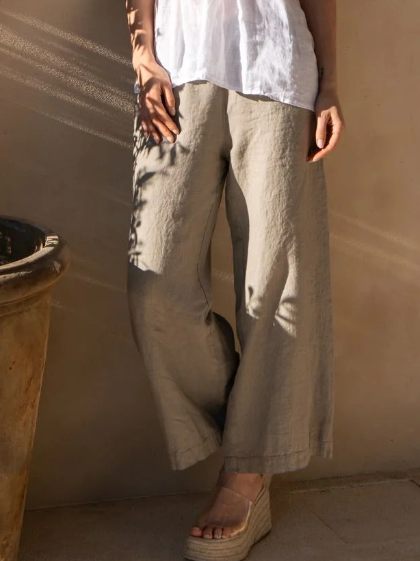 Women Casual Khaki Pockets Elastic Waist High Waist Loose Cotton And Linen Pants