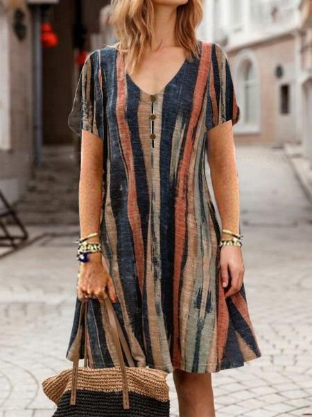 Women Casual Color Block Striped V Neck Short Sleeve Summer Cotton And Linen Dress