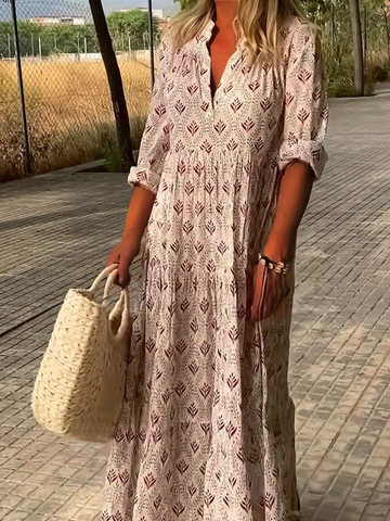 V Neck Casual Printing Ethnic Dress