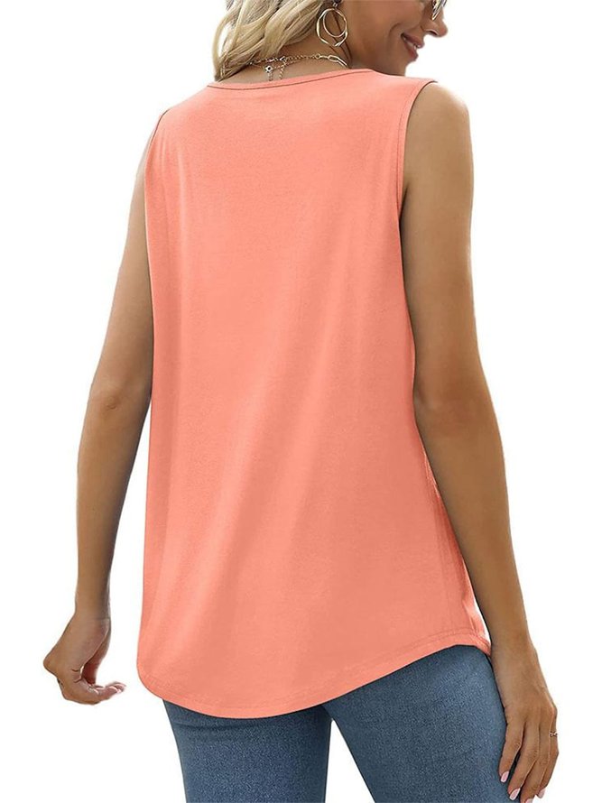 Women Simple Plain Pleated Square Neck Sleeveless Tops Curved Hem Flowy Summer Tank Top
