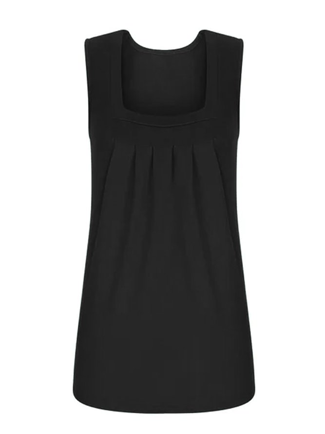 Women Simple Plain Pleated Square Neck Sleeveless Tops Curved Hem Flowy Summer Tank Top