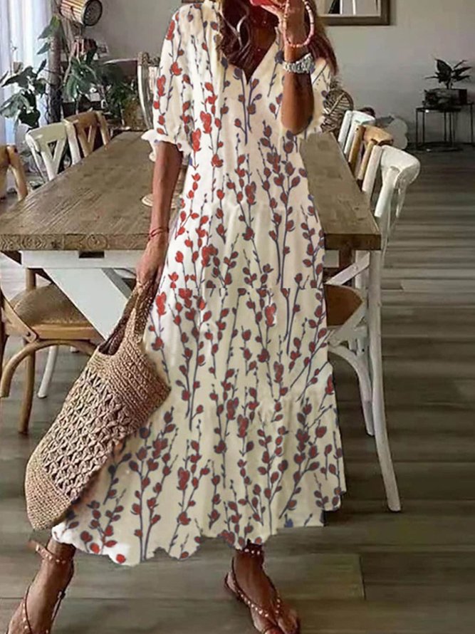 Women Casual V Neck Loose Floral Vacation Dress