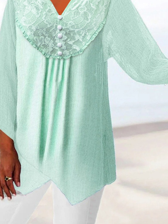 Cotton And Linen Notched Casual Loose Shirt