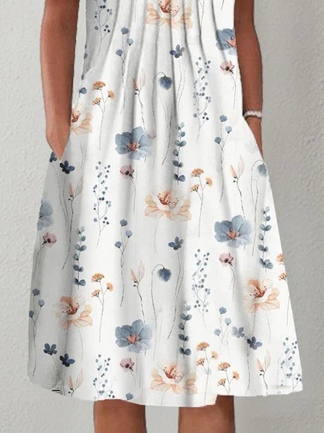 Women Casual Floral Pockets Crew Neck Vacation Short Sleeve Dress