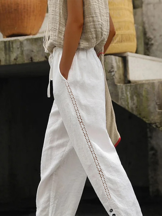 Women Casual Drawstring Waist Hollow Out Lace Edge Buckle Pockets Plain Pants