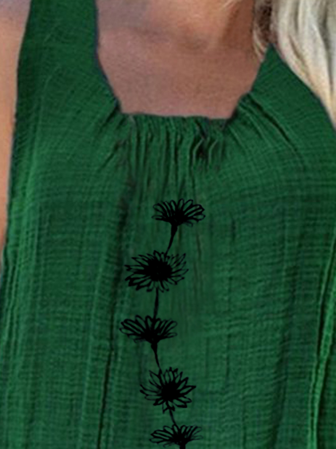 Women Green Loose Ruched Crew Neck Floral Sleeveless Cotton Linen Tank Top