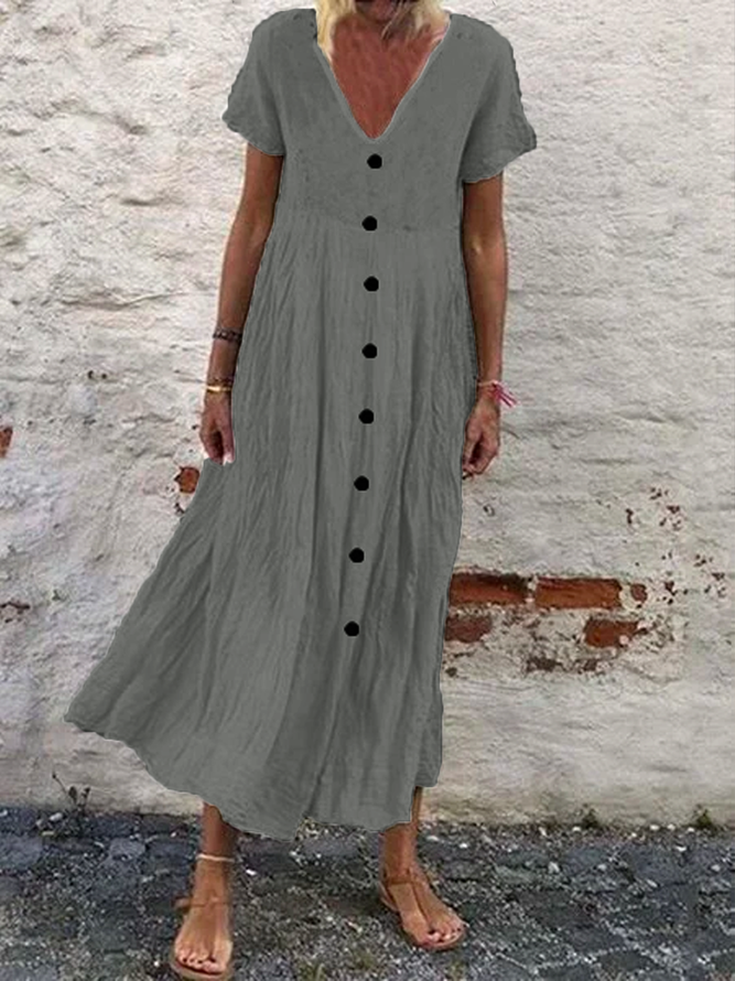 Women Casual Plain V Neck Button Short Sleeve Loose Summer Maxi Dress