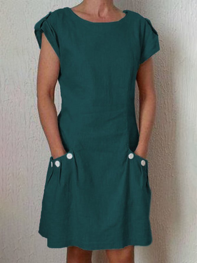 Women Casual Plain Round Neck Zipper Button Pockets Short Sleeve Dress