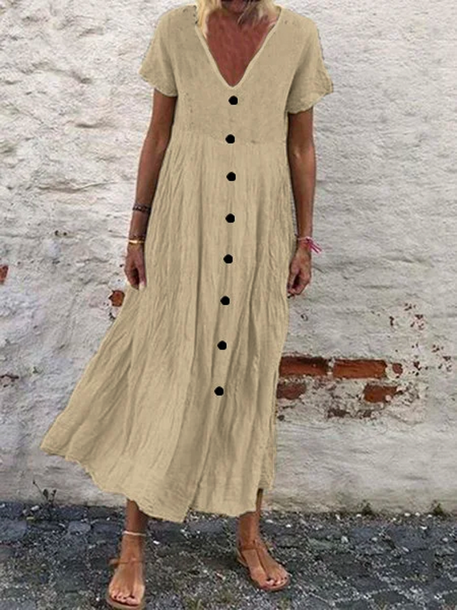 Women Casual Plain V Neck Button Short Sleeve Loose Summer Maxi Dress