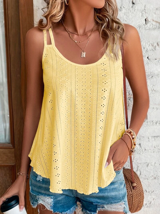 Women Casual Plain Summer Sleveness Eyelet Embroidery Tank Top Cami Top