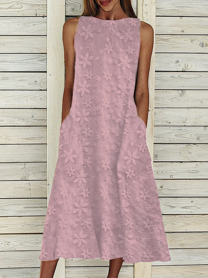 Plain Summer Sleeveless Pockets Floral Lace Crew Neck Maxi Elegant Cotton And Linen Dress