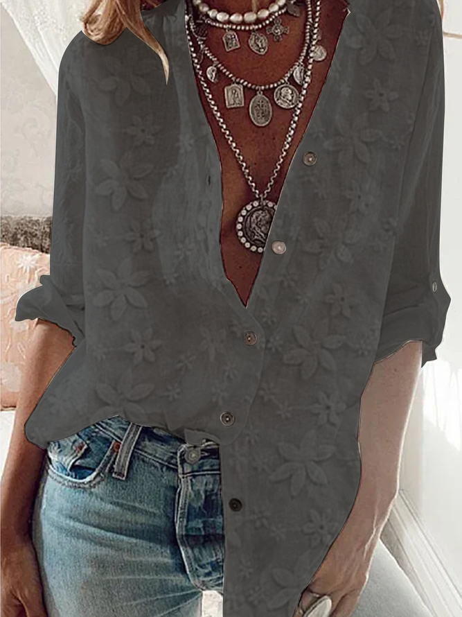 Women Elegant Floral Lace Plain Buttoned Down Cotton Linen Long Sleeve Blouse