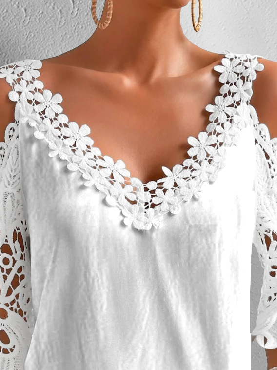 Women Elegant Cold Shoulder V Neck Hollow Out Lace Floral Short Sleeve Loose T-Shirt