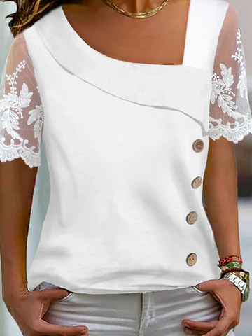 Women Casual Asymmetrical Neck Buttoned Mesh Floral Lace Short Sleeve T-shirt