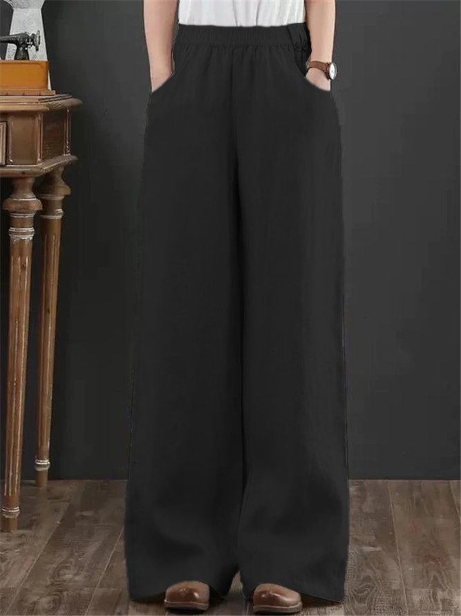 Women High Waist Loose Casual Pockets Elastic Waist Gray Cotton and Linen Pants