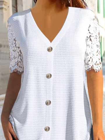 Women Elegant Button V Neck Hollow Out Mesh Lace Short Sleeve Tunic Top