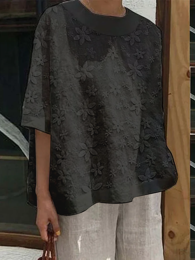 Women Elegant White Lace Floral Crew Neck Half Sleeve Cotton Linen Tunic Top
