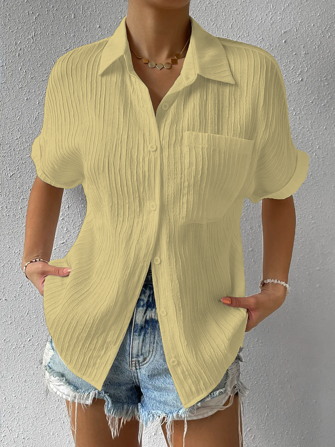 Women Elegant Plain Shirt Collar Pocket Buttoned Down Loose Short Sleeve Blouse