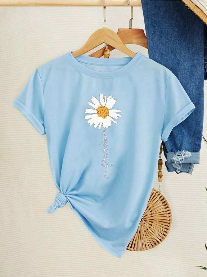 Women Daisy Floral Letter Graphic Crew Neck Loose Short Sleeve Summer T-Shirt