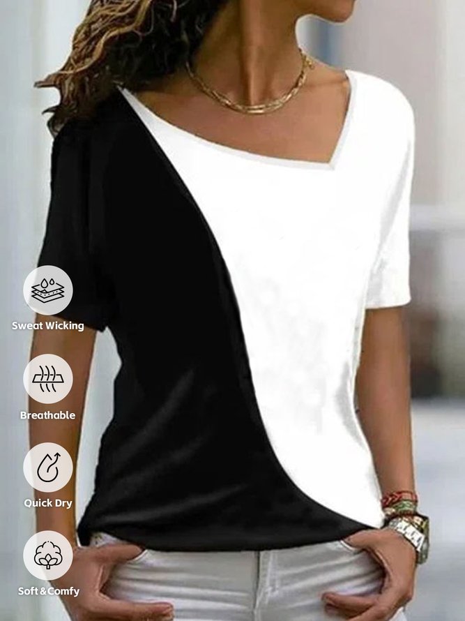 Women Contrast Stitching Square Neck Casual Short Sleeve T-shirt