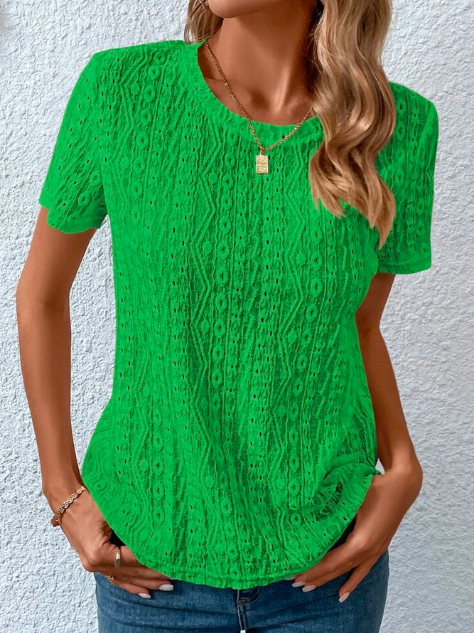 Loose Casual Crew Neck Solid Eyelet Embroidery Round Neck Summer T-shirt
