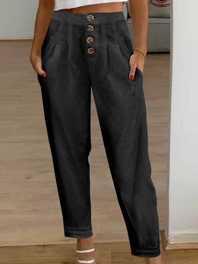 Women Elegant Button High Waist Hollow Out Lace Hem Pockets Pants