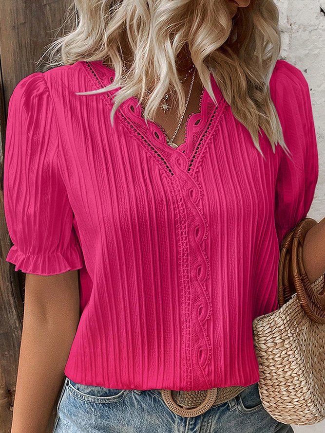 Women Plain Elegant V Neck Lace Short Sleeve Summer T-Shirt
