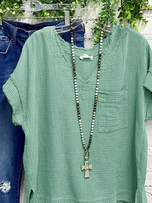 Women Casual V Neck Pocket Green Loose Short Sleeve Summer T-shirt