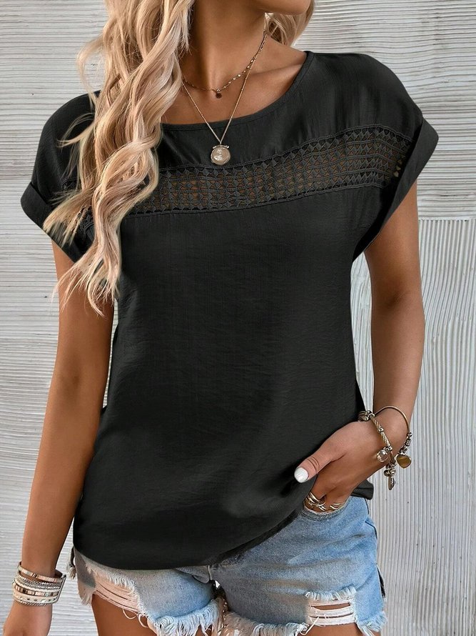 Women Casual Plain Hollow Out Lace Crew Neck Daily Short Sleeve T-shirt