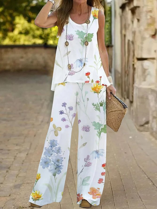 Women Casual Floral Summer Daily Jersey Sleeveless Top With Pants Regular EC Two-Piece Sets