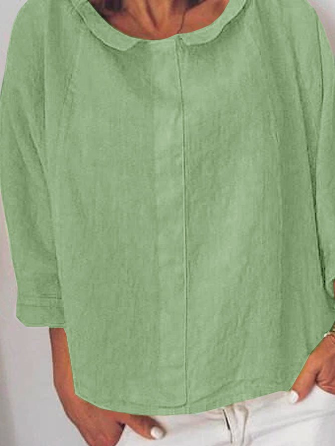Women Plain Lightweight Shawl Collar 3/4 Sleeve Cotton and Linen Blouse