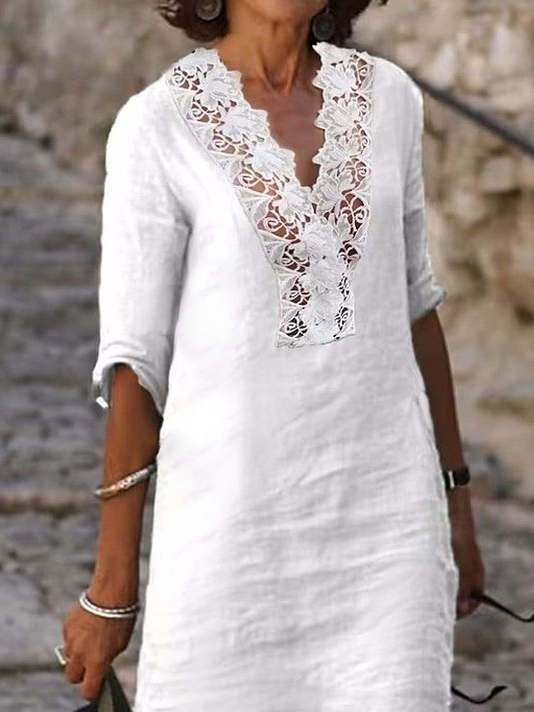 Women Elegant Lace Floral V Neck Half Sleeve Casual Vacation Cotton Linen White Dress