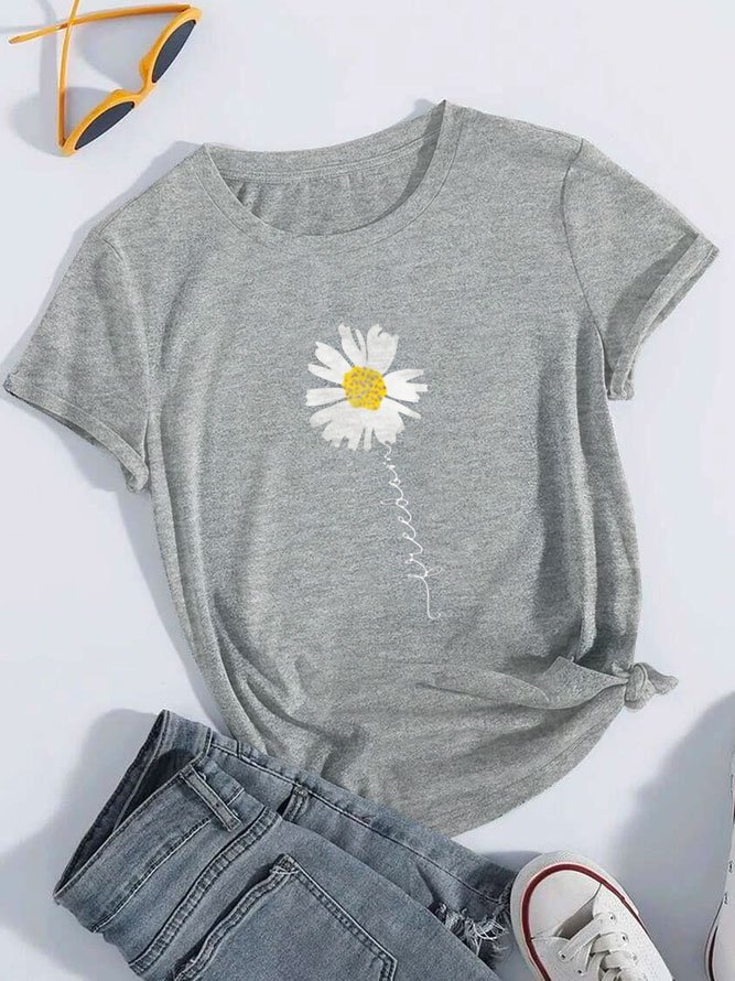 Women Daisy Floral Letter Graphic Crew Neck Loose Short Sleeve Summer T-Shirt