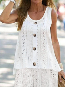 Elegant Outfits Plain Eyelet Embroidery Suits Button Sleeveless Tank Top and Trousers Pants Two-Piece Sets