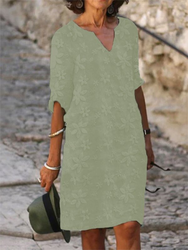 Women Plain Elegant Lace Floral Casual Vacation V Neck Half Sleeve Cotton Linen Dress
