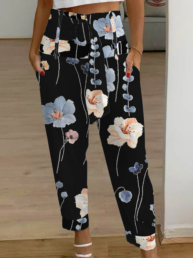 Women Floral High Waist Pockets Tie Belt Zipper Loose Casual Cargo Pants