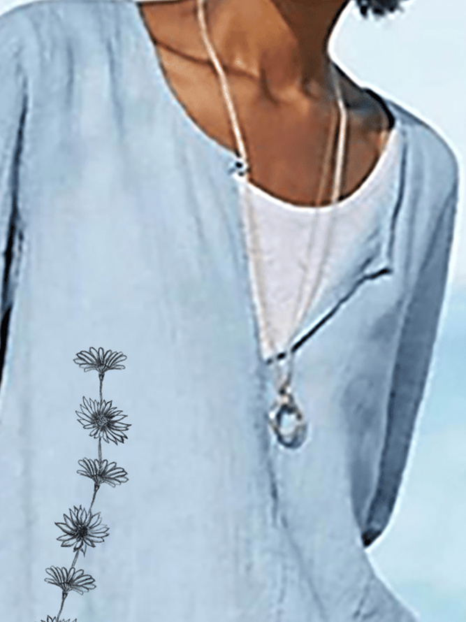 Women Casual V Neck Floral Cotton Linen Half Sleeve Tunic Top