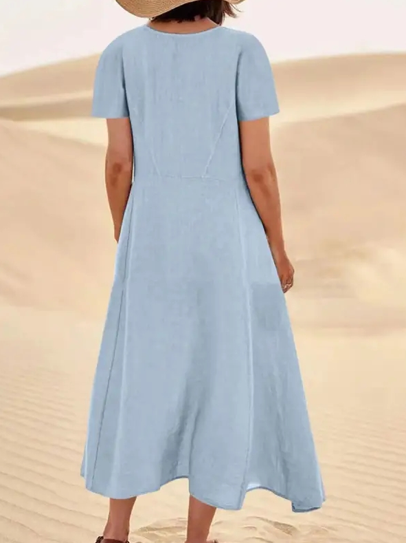 Women Casual Crew Neck Pockets Loose Short Sleeve Blue Summer Dress