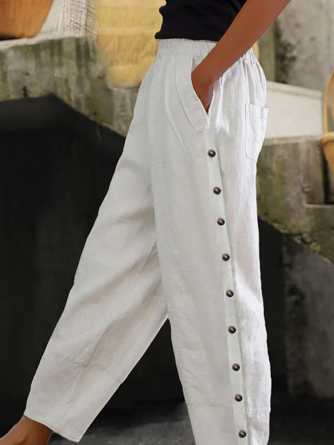 Women Loose Casual Button Pockets Elastic Waist Plain Cotton Linen Pants