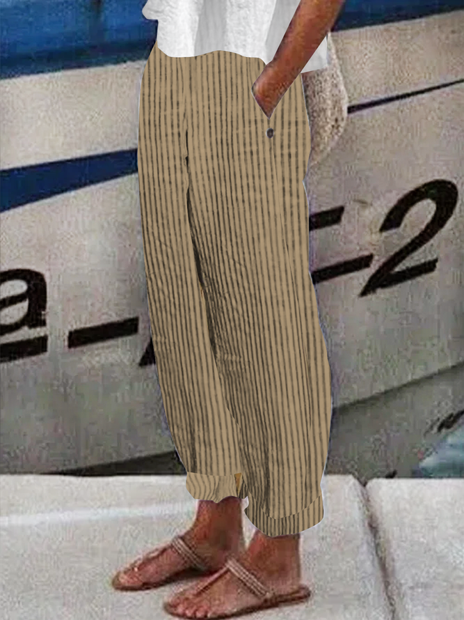 Women Casual Stripe Loose Pockets Elastic Waist Pants Ankle Length Pants