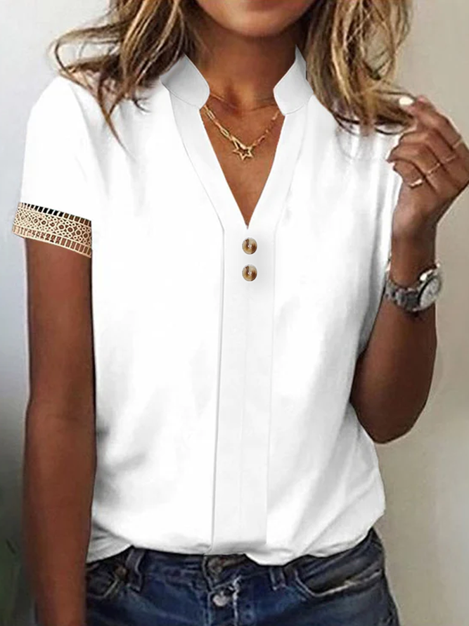 Women Casual Buttoned V Neck Plain Short Sleeve Summer T-Shirt