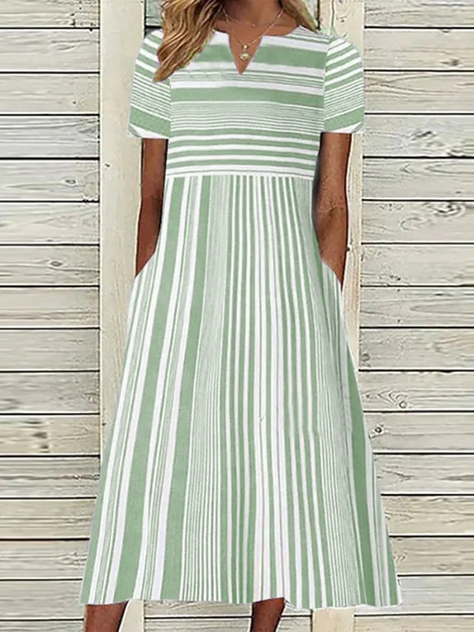 Women V Neck Striped Pockets Short Sleeve Vacation Dress