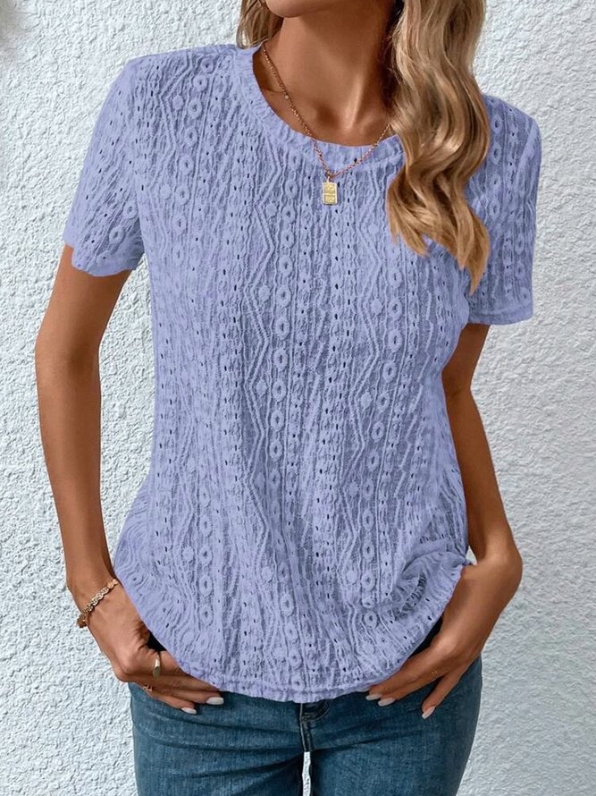 Loose Casual Crew Neck Solid Eyelet Embroidery Round Neck Summer T-shirt
